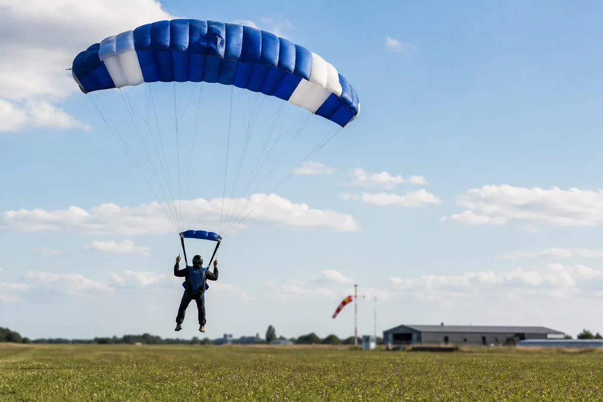Parachutiste civil sous voile colorée en approche d’une zone d’atterrissage d’aérodrome