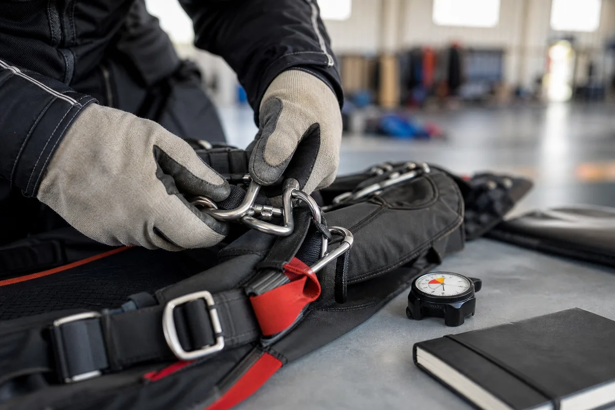 Mains vérifiant un harnais et un altimètre de parachutisme sur une table de pliage en hangar