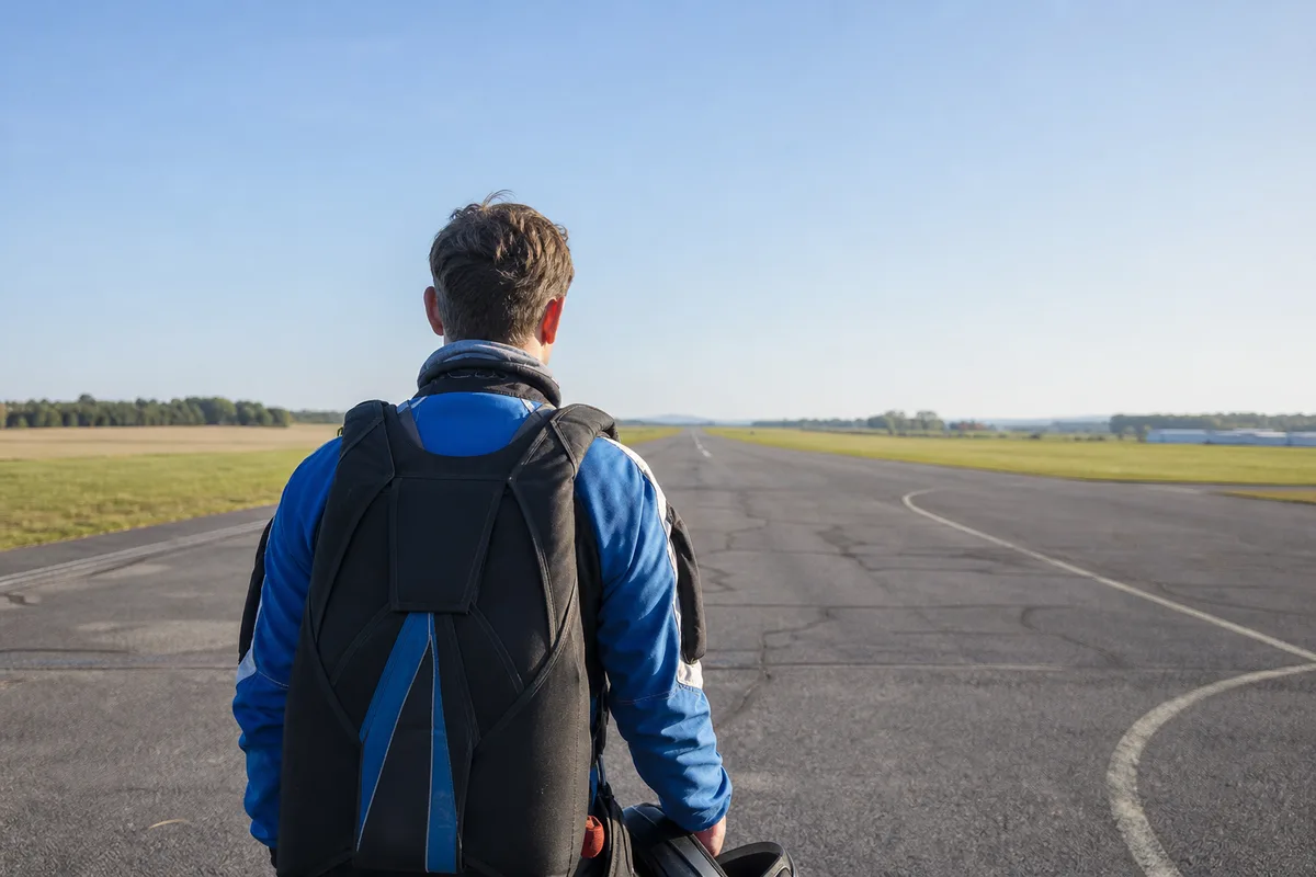 Parachutiste débutant respirant profondément au sol avant l’embarquement