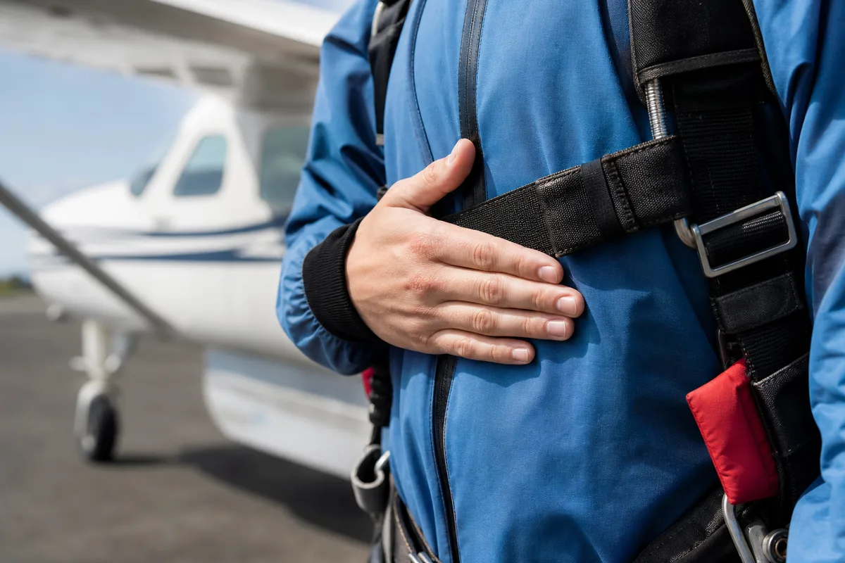 Gros plan sur une main posée sur le ventre pour une respiration ventrale calme, avion en arrière-plan flou