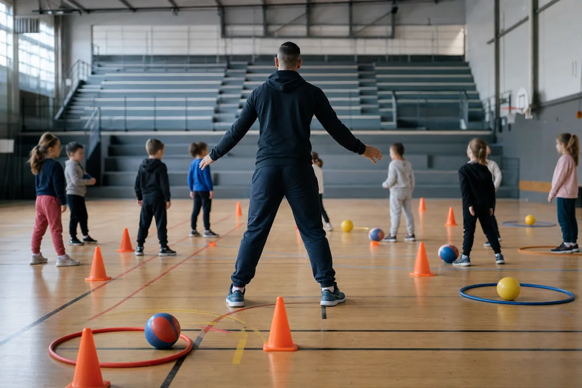 Éducateur sportif encadrant un atelier multisports avec des enfants dans un gymnase municipal