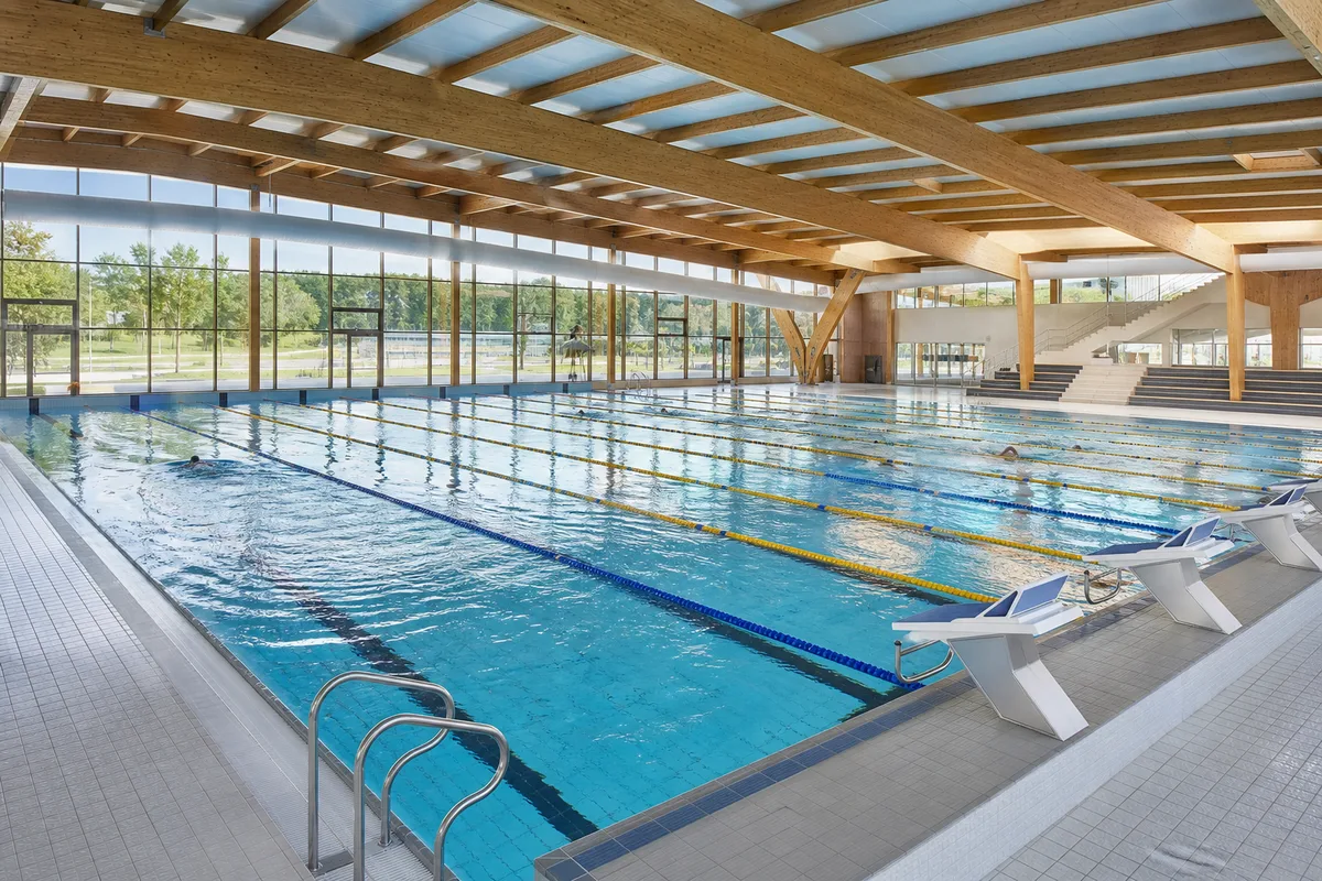 Nageurs s&rsquo;entraînant dans un bassin sportif de cinquante mètres avec lignes d&rsquo;eau colorées