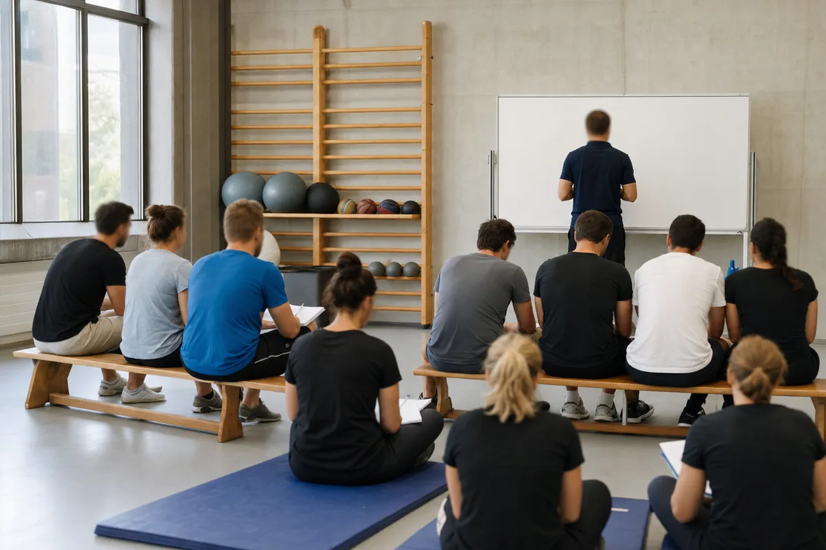 Salle de formation avec des stagiaires en tenue sportive prenant des notes autour de tapis