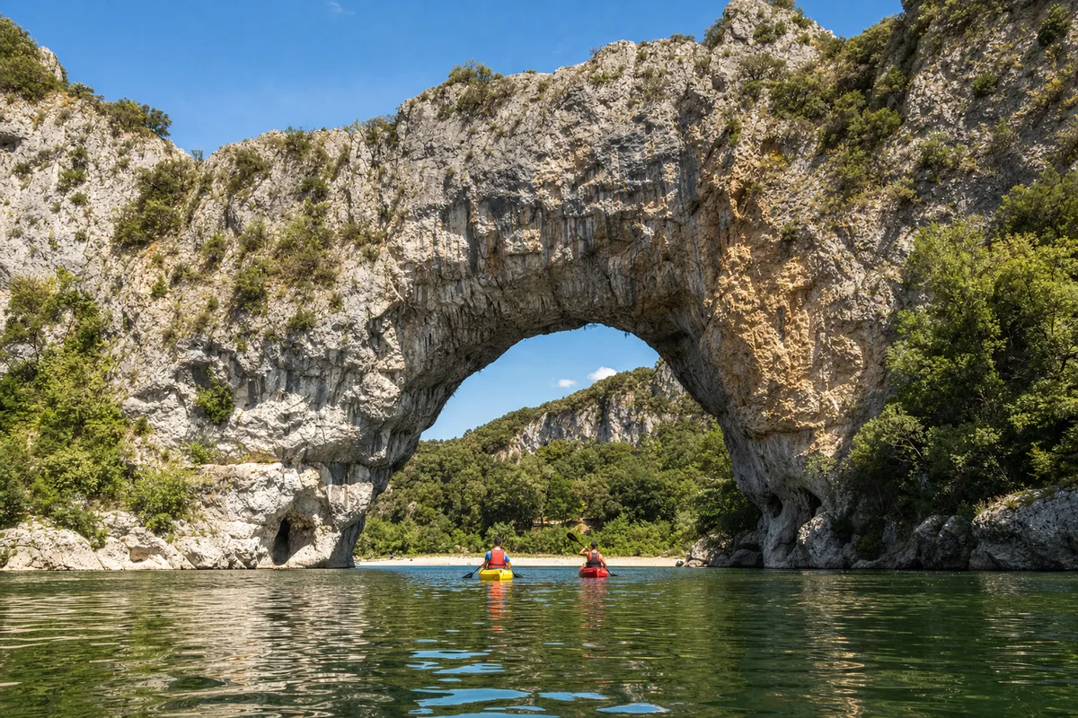 Canoës passant sous l&rsquo;arche naturelle du Pont d&rsquo;Arc en Ardèche