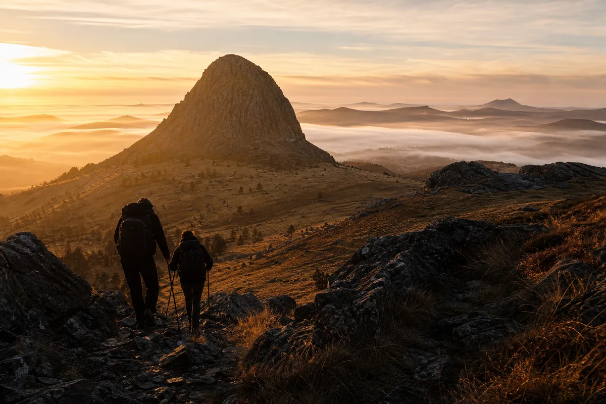Randonneurs sur le sentier du mont Gerbier de Jonc au lever du soleil