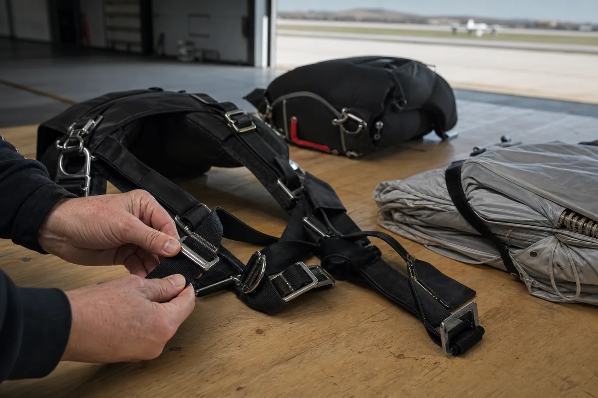 Harnais tandem et voile de secours posés sur une table de pliage dans un hangar