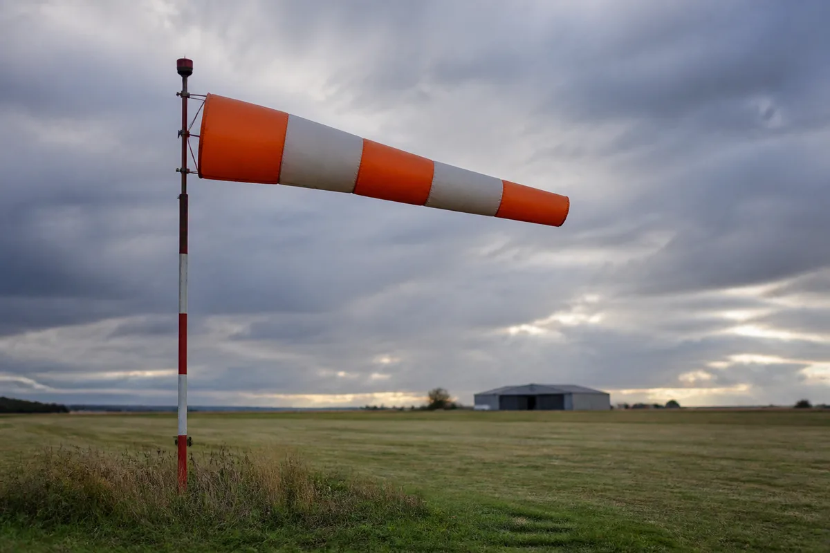 Manche à air orientée par le vent au bord d&rsquo;une piste en herbe sous ciel couvert