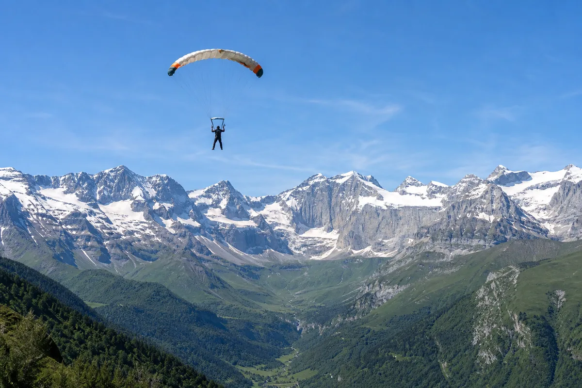 Parachutiste survolant la chaîne des Pyrénées enneigée face au Vignemale