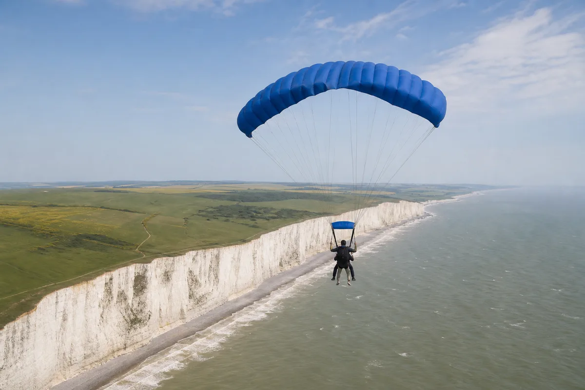 Parachutiste en tandem sous voile ouverte au-dessus des falaises de craie normandes